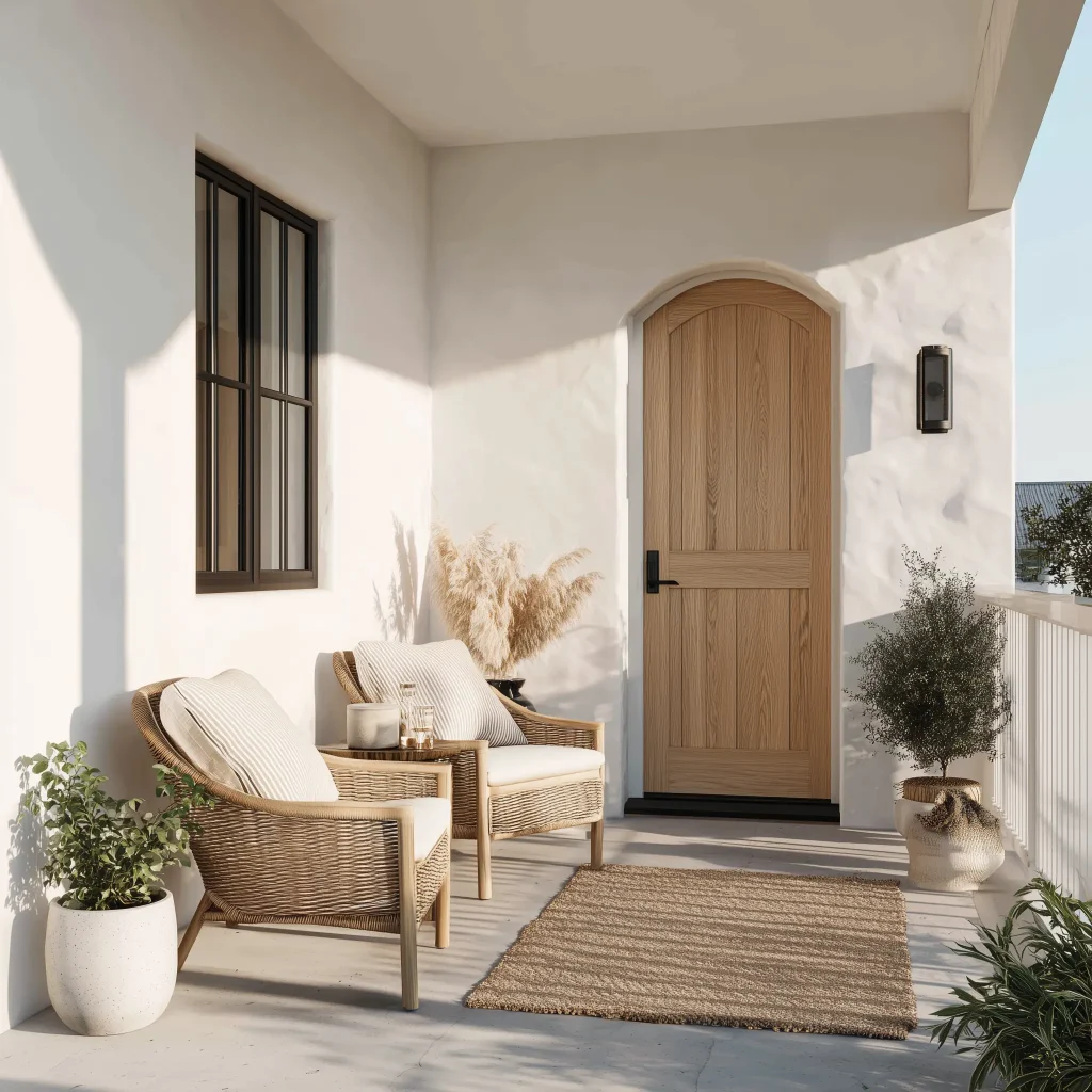 Teras depan minimalis dengan dinding putih bersih, pintu kayu melengkung, dua kursi rotan, dan karpet goni, memancarkan nuansa Mediterania.