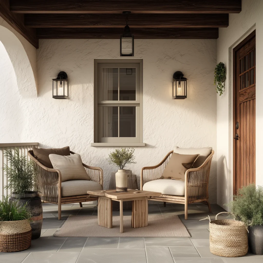 Teras depan bergaya rustic dengan dinding plester bertekstur, dua kursi rotan, meja kopi kayu, dan lampu dinding lentera bergaya farmhouse.