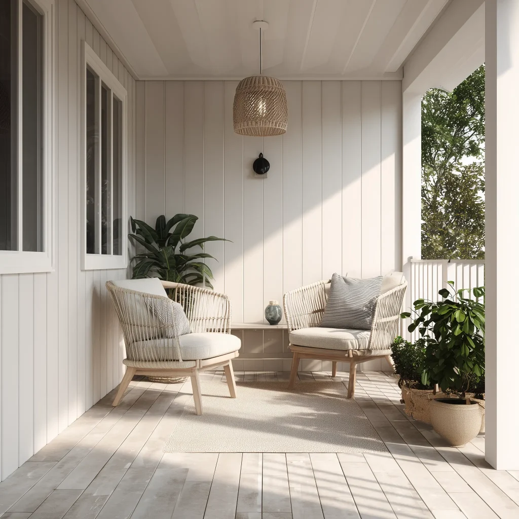 Teras depan bergaya Skandinavia yang cerah dengan dinding panel kayu vertikal putih, dua kursi kayu ringan dengan bantal putih, dan lampu gantung rotan.