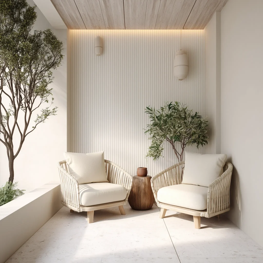 Teras depan bergaya Skandinavia minimalis dengan dua kursi berlengan kayu ringan, dinding bilah kayu vertikal berwarna krem, dan dekorasi pohon kecil dalam pot.