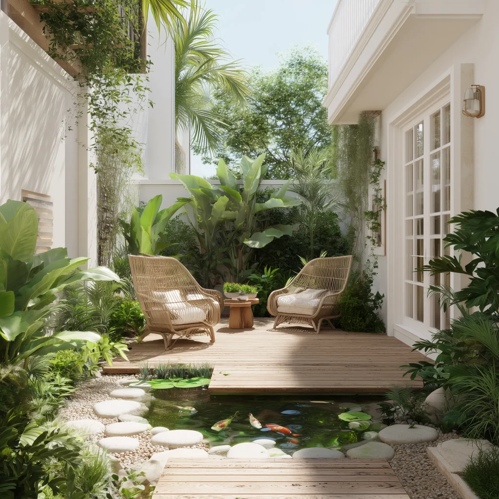 Inspirasi Desain Taman Belakang dengan Mini Kolam Ikan Koi untuk Rumah Minimalis