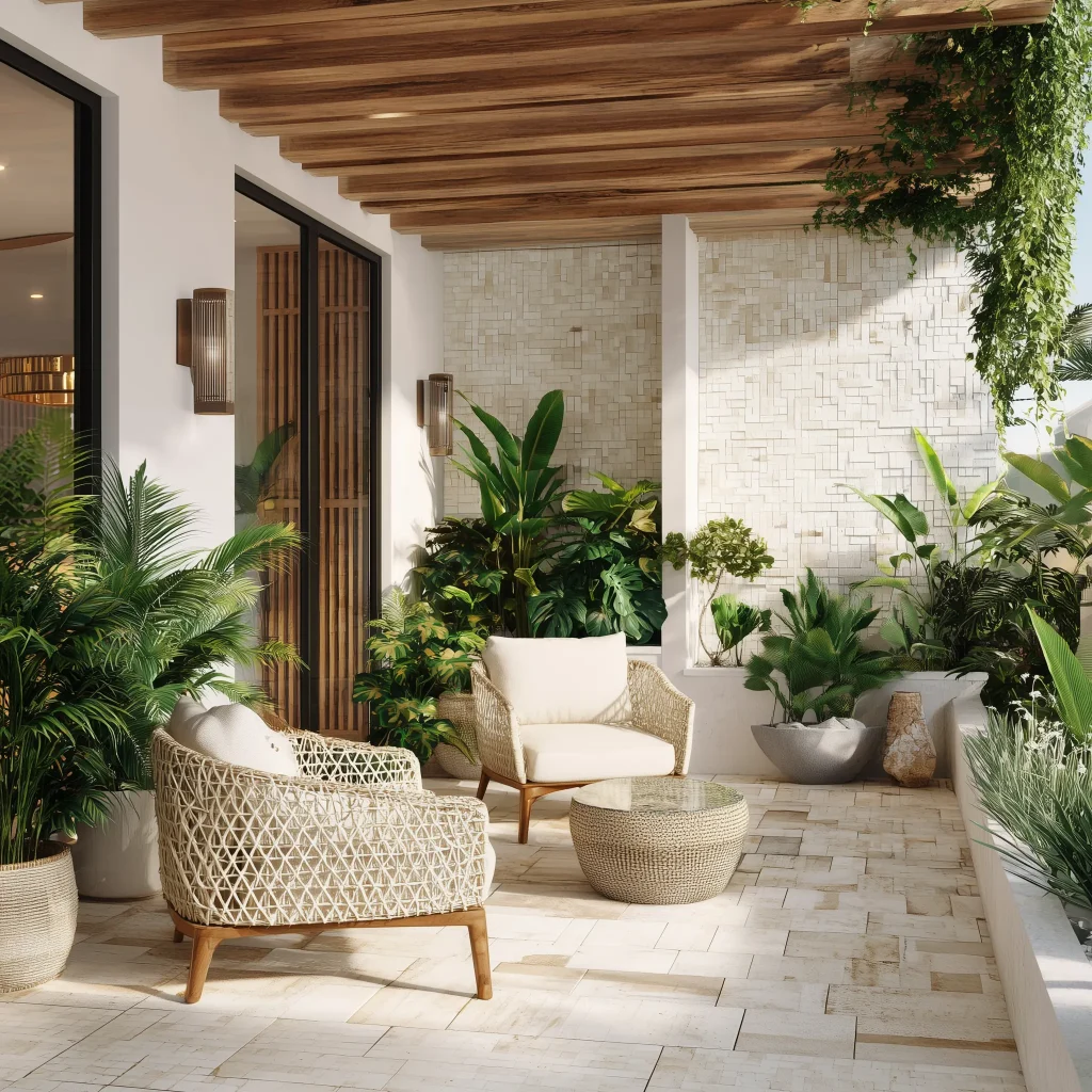 Teras depan tropis yang cerah dengan dua kursi rotan anyam, bantal putih, pilar putih, langit-langit balok kayu, dan dikelilingi tanaman hijau subur seperti palem dan ara biola.