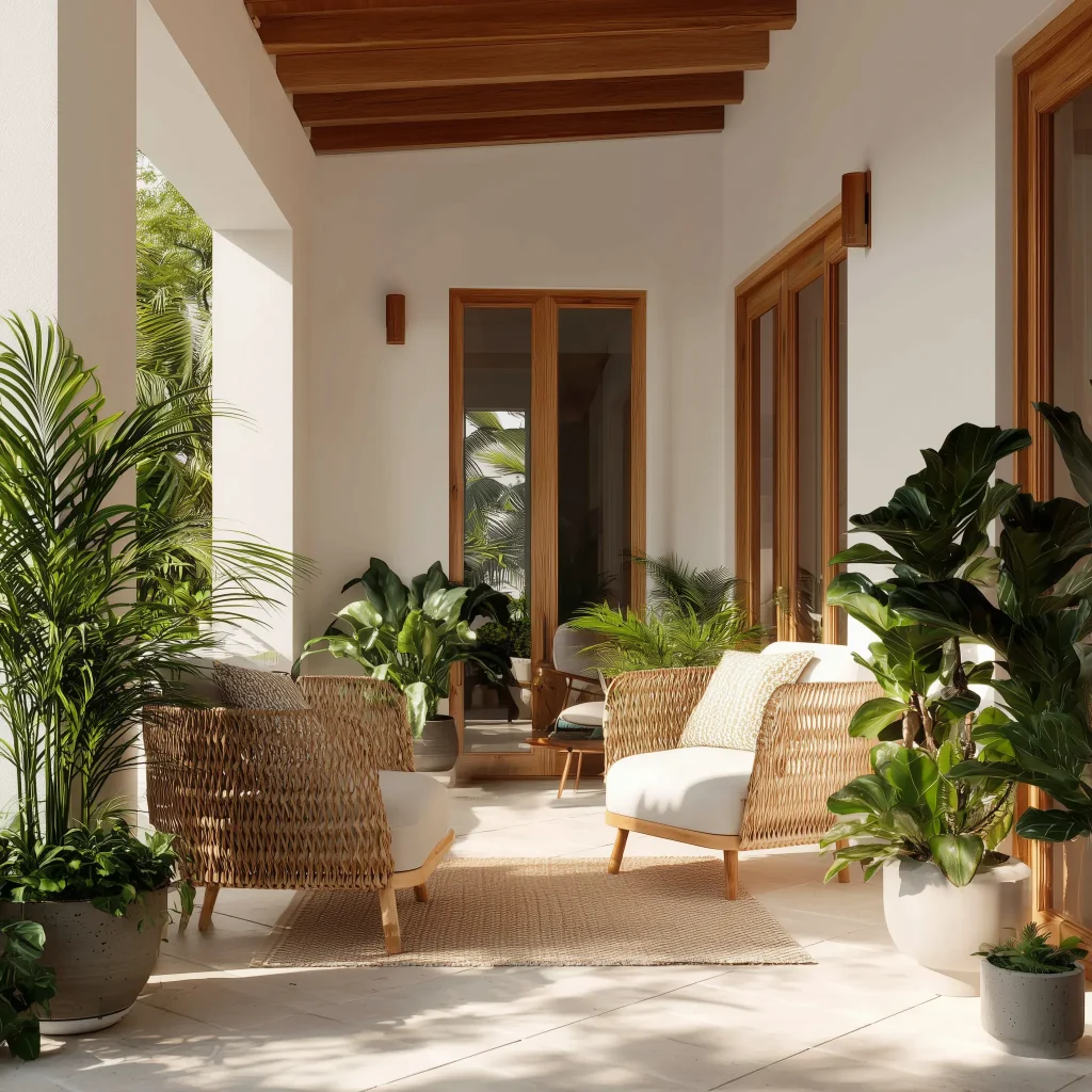 Teras depan tropis yang cerah dengan dua kursi rotan anyam, bantal putih, pilar putih, langit-langit balok kayu, dan dikelilingi tanaman hijau subur seperti palem dan ara biola.