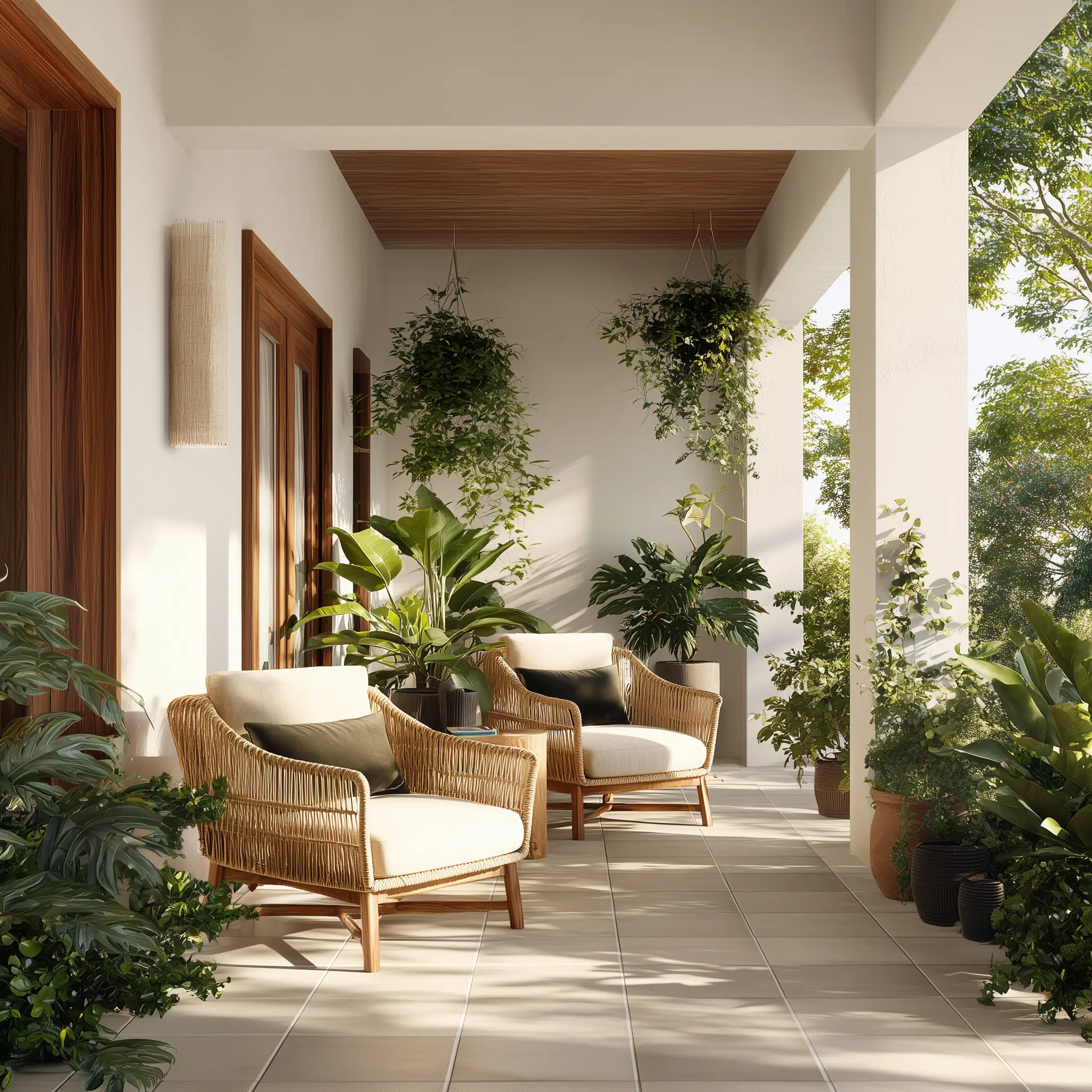 Teras depan modern tropis dengan dua kursi rotan tebal berbantal krem, tanaman gantung, lantai keramik abu-abu, dan dinding putih bersih dengan aksen kayu.