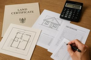 Foto realistis dokumen surat tanah lengkap, blueprint rumah, dan perhitungan biaya sebagai ilustrasi cara surat tanah membantu menghemat biaya pembangunan rumah.