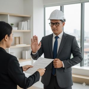 kontraktor berjas rapih menolak memulai proses renovasi rumah karena dokumen yang diberikan masih belum lengkap