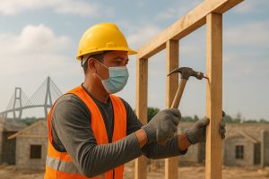 pekerja kontraktor daerah surabaya sedang menyelesaikan pekerjaan pembangunan rumah