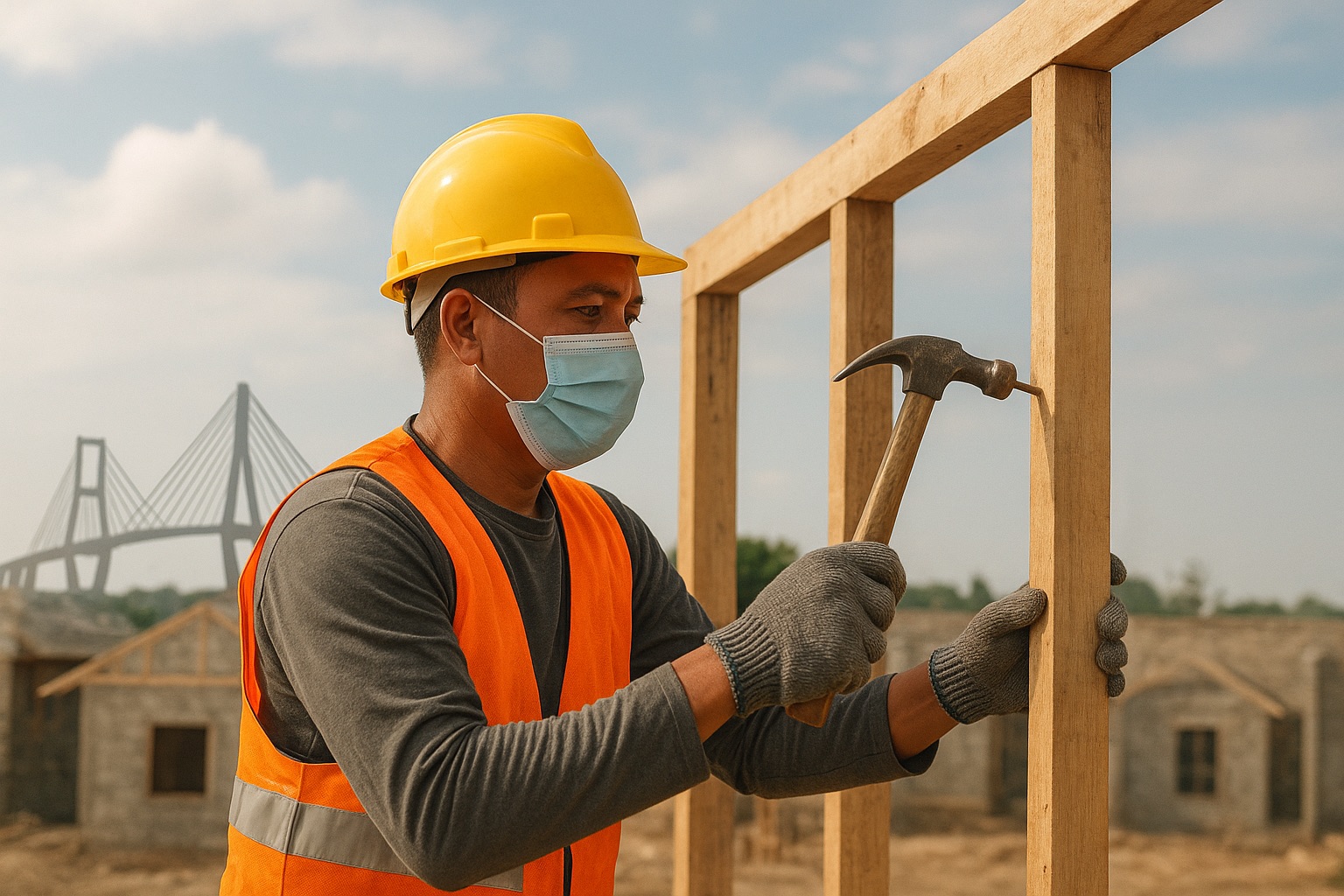 pekerja kontraktor daerah surabaya sedang menyelesaikan pekerjaan pembangunan rumah