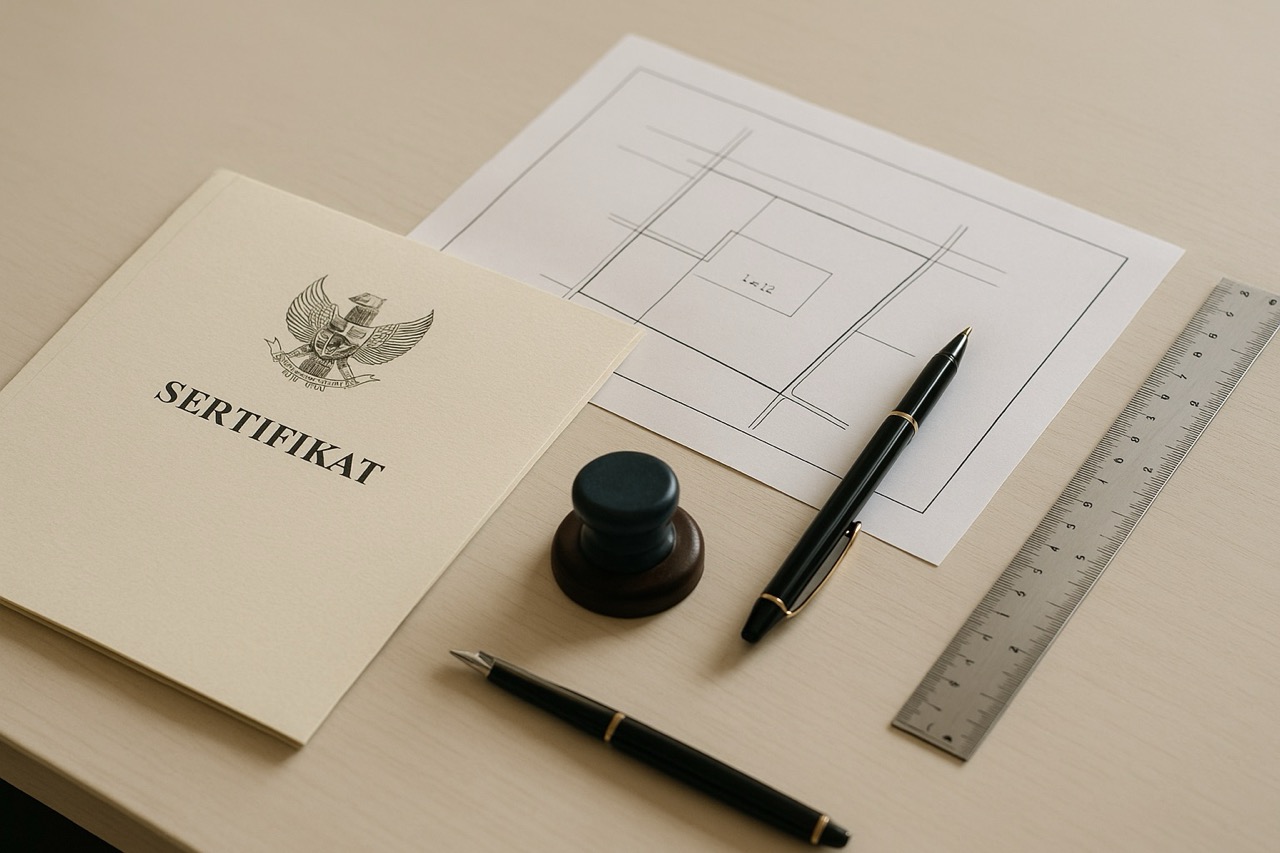 Foto realistis dokumen tanah warisan, peta lokasi properti, dan perlengkapan legalitas untuk menggambarkan langkah aman membangun rumah di tanah warisan.