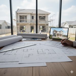 kontraktor sedang memeriksa denah renovasi rumah