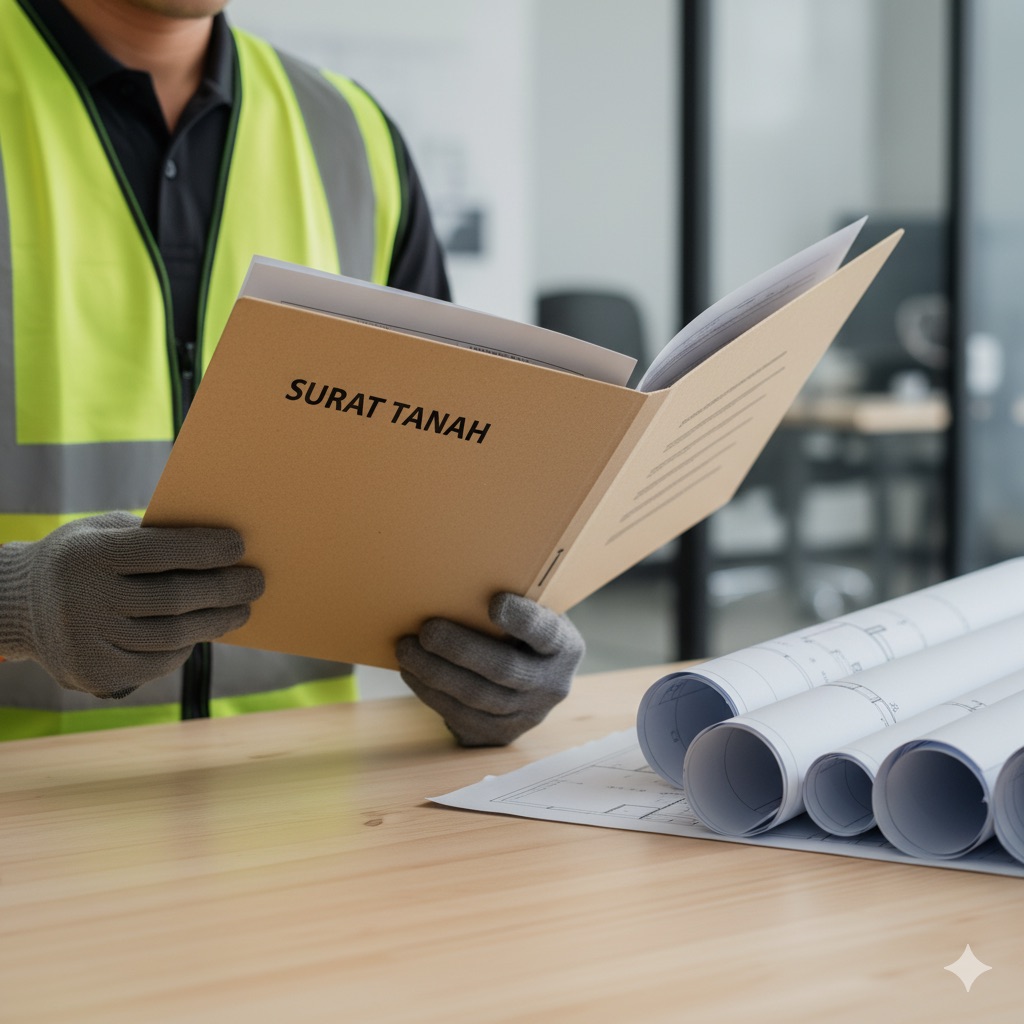 “Dokumen surat tanah berwarna coklat muda yang dipegang kontraktor dengan rompi keselamatan, di atas meja terdapat denah rumah, fokus pada dokumen legalitas sebelum pembangunan.”
